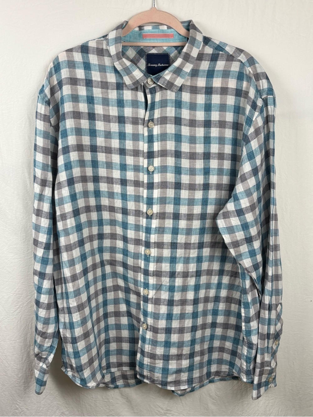 Tommy Bahama XXL Teal and Gray linen long sleeve Plaid Button-Down Shirt